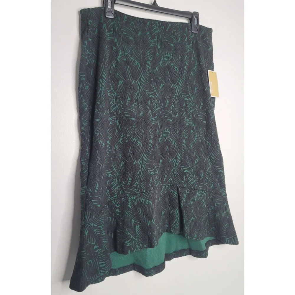Michael‎ Kors Pencil Skirt Womens Large Green Black Floral Leaf Ruffle Mermaid